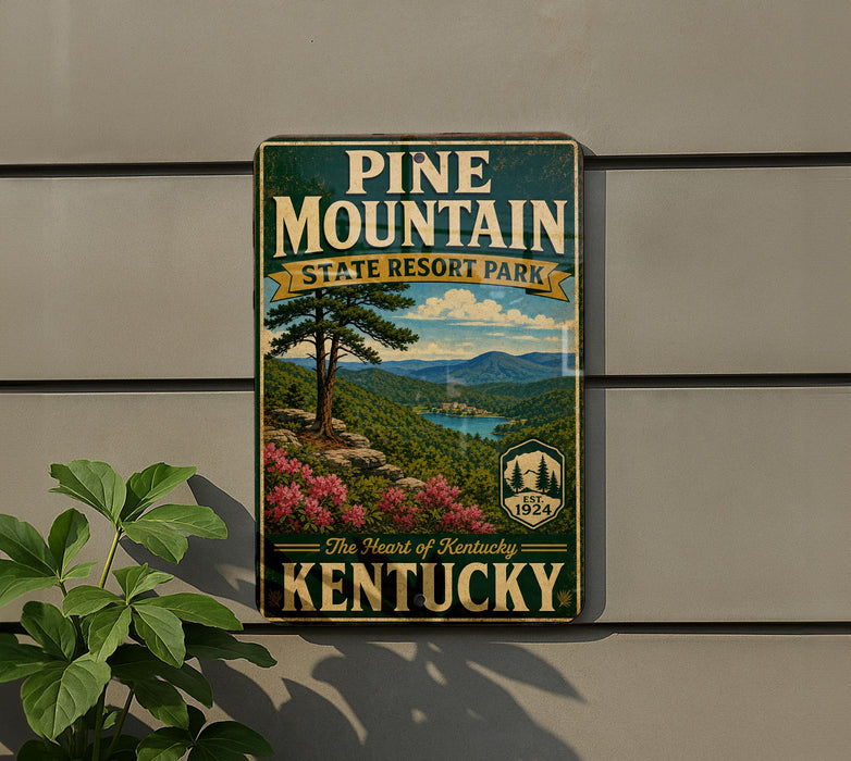 A vintage-style sign for Pine Mountain State Resort Park in Kentucky, featuring a scenic landscape with mountains, trees, and a lake.