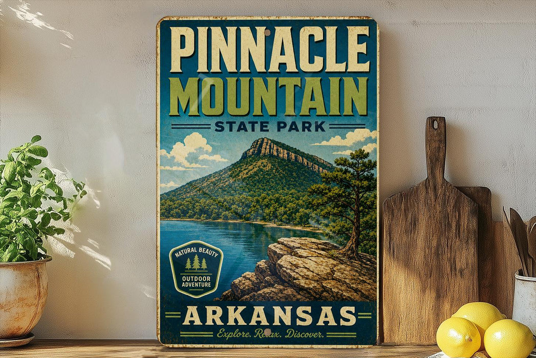 A vintage-style sign for Pinnacle Mountain State Park in Arkansas, featuring a scenic mountain landscape with a lake and pine trees.