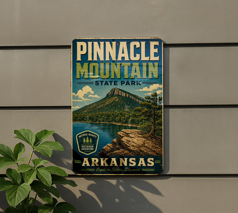A vintage-style sign for Pinnacle Mountain State Park in Arkansas, featuring a mountain landscape and a lake, mounted on a wall.