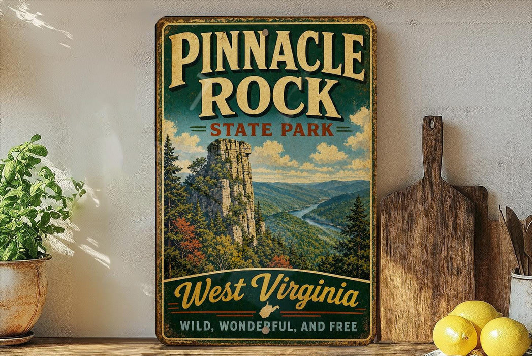 A vintage-style sign for Pinnacle Rock State Park in West Virginia, featuring a scenic mountain landscape with a river and pine trees.