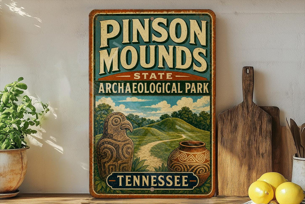 A vintage-style sign for Pinson Mounds State Archaeological Park in Tennessee, featuring an illustration of a bird, a pot, and a road.