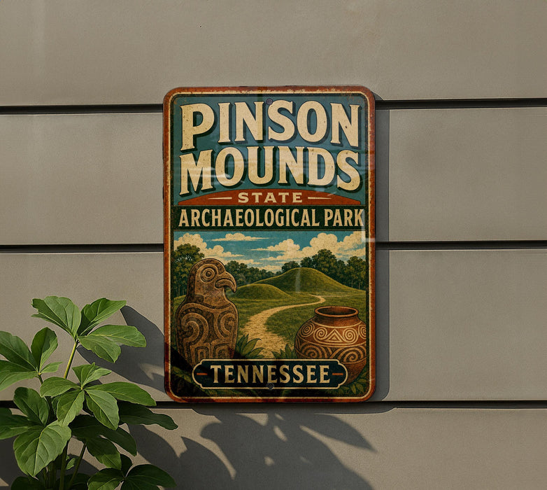 A vintage-style sign for Pinson Mounds State Archaeological Park in Tennessee, featuring an illustration of a bird and a pottery piece.
