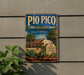 A vintage-style metal sign for Pio Pico State Historic Park in California, featuring an illustration of a historic building surrounded by palm trees and other vegetation.