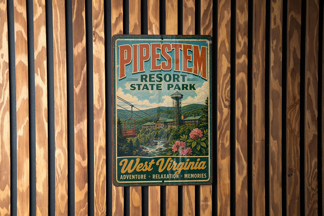 A vintage metal sign for Pipestem Resort State Park, featuring a scenic illustration of the park's landscape and a ski lift.