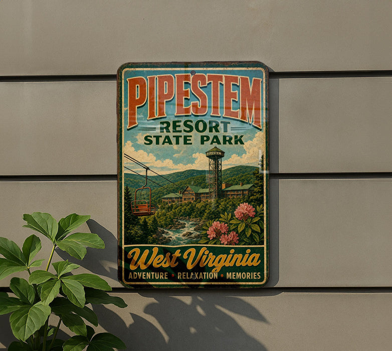 A vintage-style sign for Pipestem Resort State Park, featuring a scenic illustration of the park's landscape and facilities.