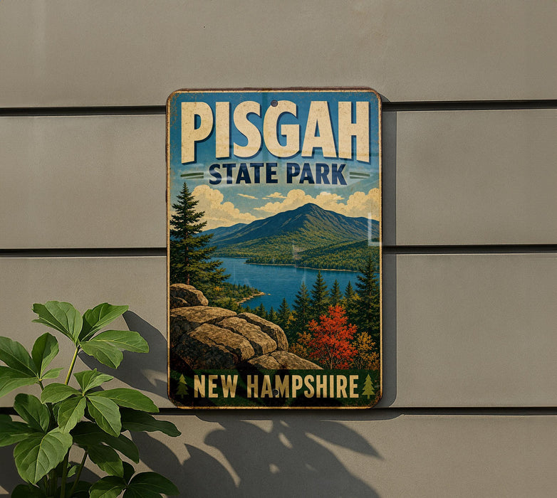 A vintage-style metal sign for Pisgah State Park in New Hampshire, featuring a scenic mountain landscape with pine trees and a lake.