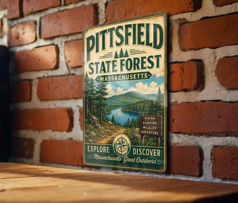 A vintage metal sign for the Pittsfield State Forest in Massachusetts, featuring a scenic landscape with pine trees, a lake, and mountains.