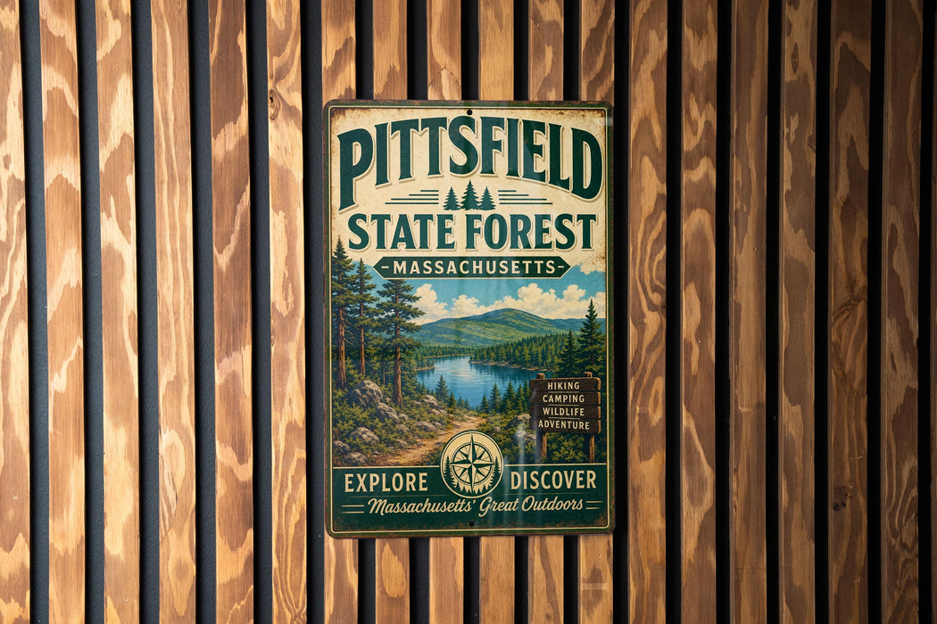 A vintage metal sign for Pittsfield State Forest in Massachusetts, featuring a scenic landscape with pine trees, a lake, and mountains.