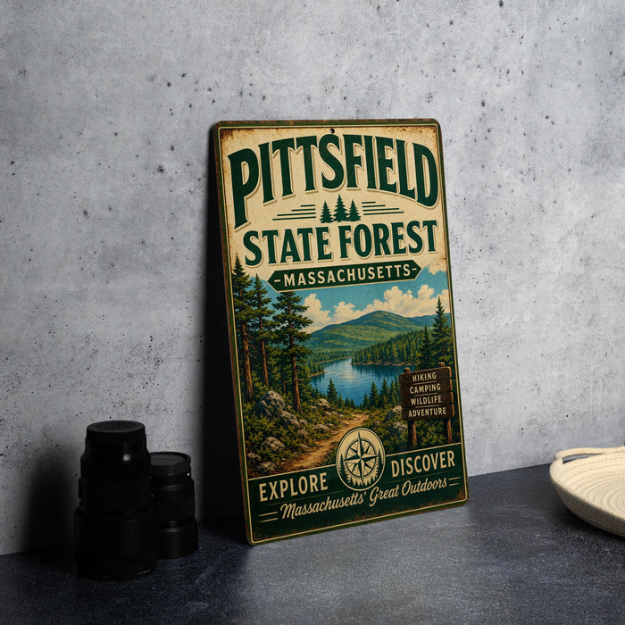 A vintage metal sign for the Pittsfield State Forest in Massachusetts, featuring a scenic landscape with pine trees, a lake, and mountains.