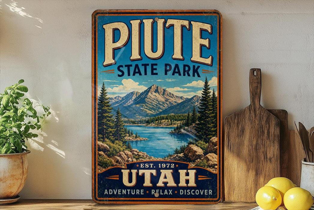 A vintage-style sign for Pute State Park in Utah, featuring a scenic mountain landscape with a lake and pine trees.
