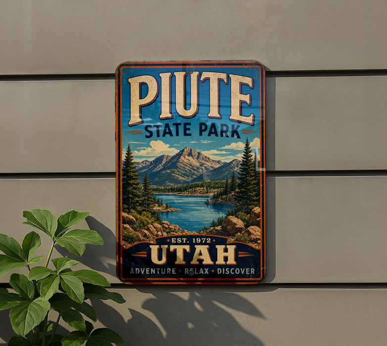 A vintage-style metal sign for Piate State Park, featuring a mountain landscape and a lake, is displayed on a wall.