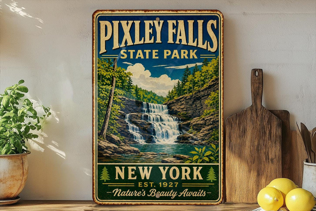 A vintage-style sign for Pixtley Falls State Park, featuring a waterfall surrounded by lush greenery and a blue sky with clouds.