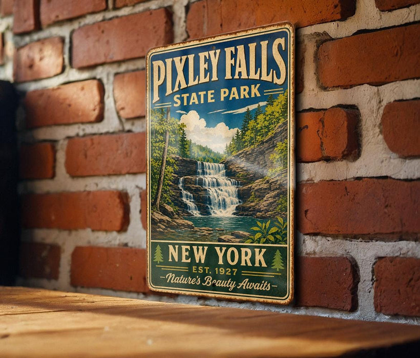 A vintage-style metal sign for Pixtley Falls State Park, featuring a waterfall and lush greenery, is displayed on a brick wall.