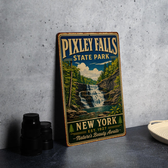 A vintage-style metal sign for Pixtley Falls State Park, featuring a waterfall and lush greenery, is displayed on a gray concrete surface.