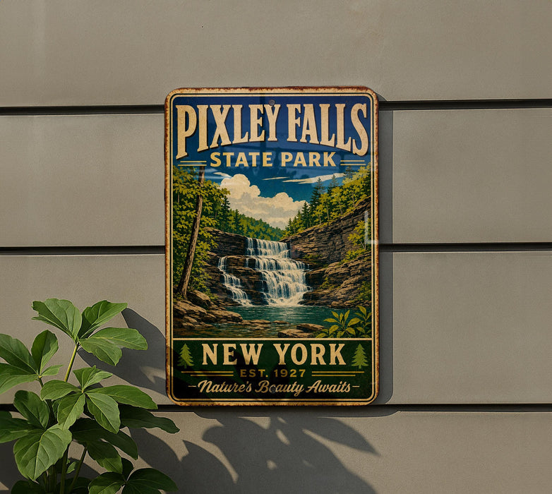 A vintage-style metal sign for Pixley Falls State Park, featuring a waterfall and lush greenery, is displayed on a gray wall.