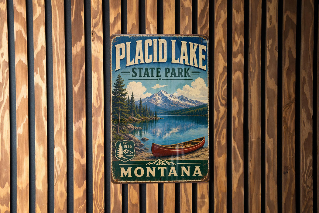 A vintage metal sign for Placid Lake State Park in Montana, featuring a scenic landscape with a lake, mountains, and a canoe.