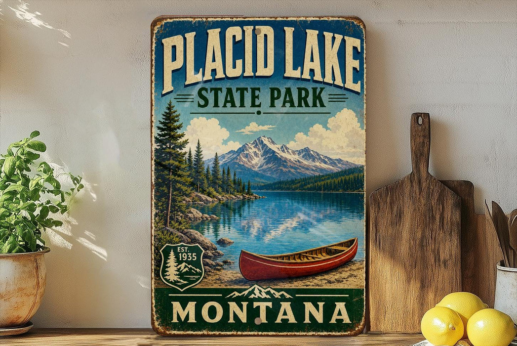 A vintage-style sign for Placid Lake State Park in Montana, featuring a scenic landscape with a lake, mountains, and a canoe.