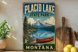 A vintage-style sign for Placid Lake State Park in Montana, featuring a scenic landscape with a lake, mountains, and a canoe.