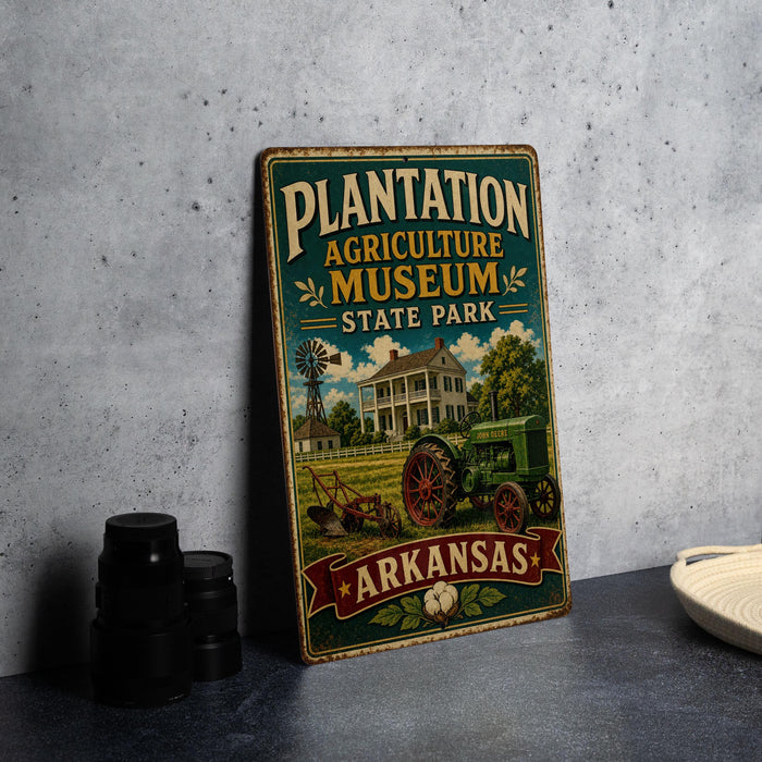 A vintage-style metal sign for the Plantation Agriculture Museum in Arkansas, featuring an illustration of a farm scene with a tractor and a house.