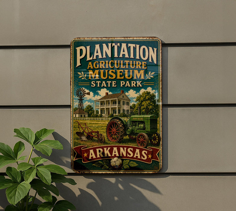 A vintage-style sign for Plantation Agriculture Museum in Arkansas, featuring an illustration of a farm scene with a tractor and a windmill.