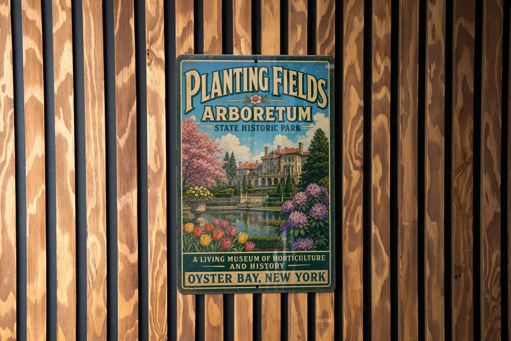 A vintage-style sign for Planting Fields Arboretum, a living museum of horticulture and history, located in Oyster Bay, New York.