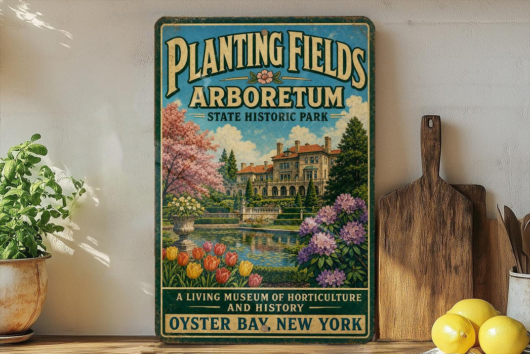 A vintage-style sign for the Planting Fields Arboretum, a State Historic Park in Oyster Bay, New York, featuring a garden scene with a large house and colorful flowers.