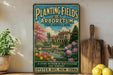 A vintage-style sign for the Planting Fields Arboretum, a State Historic Park in Oyster Bay, New York, featuring a garden scene with a large house and colorful flowers.