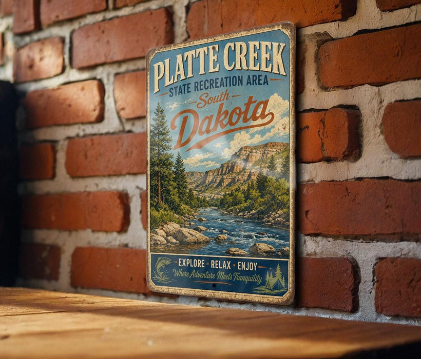 A vintage-style metal sign for Platte Creek State Recreation Area in South Dakota, featuring a scenic landscape with a river and mountains.