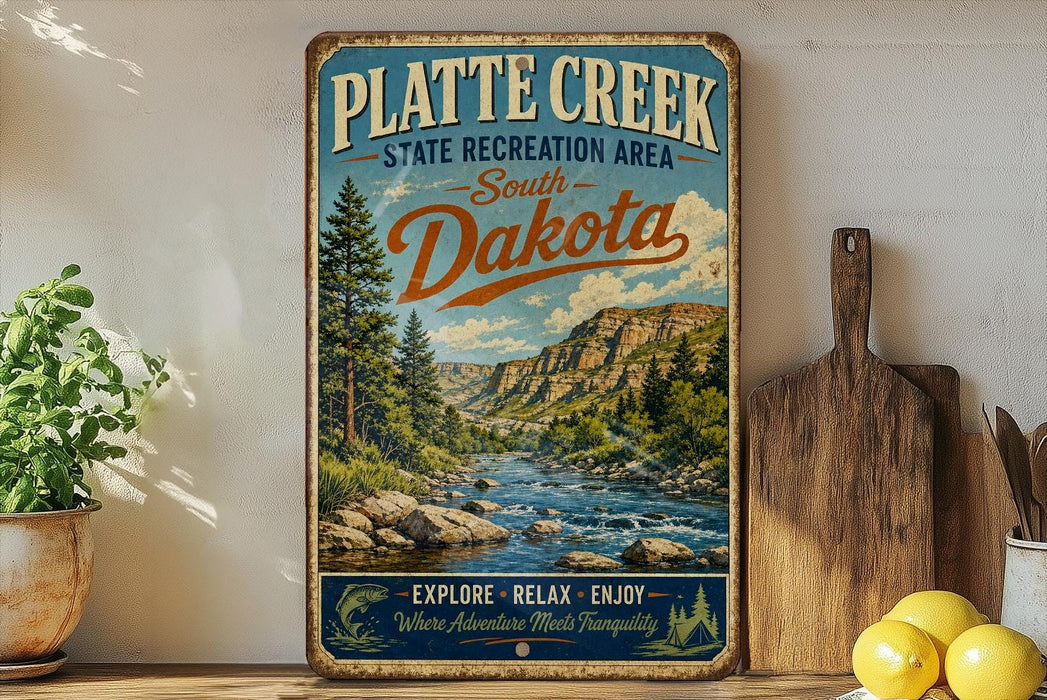 A vintage-style sign for Plate Creek State Recreation Area in South Dakota, featuring a scenic landscape with a river and mountains.