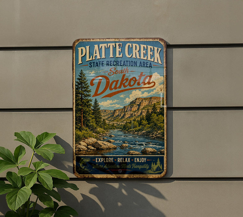 A vintage-style metal sign for Platte Creek State Recreation Area in South Dakota, featuring a scenic landscape with a river and mountains.