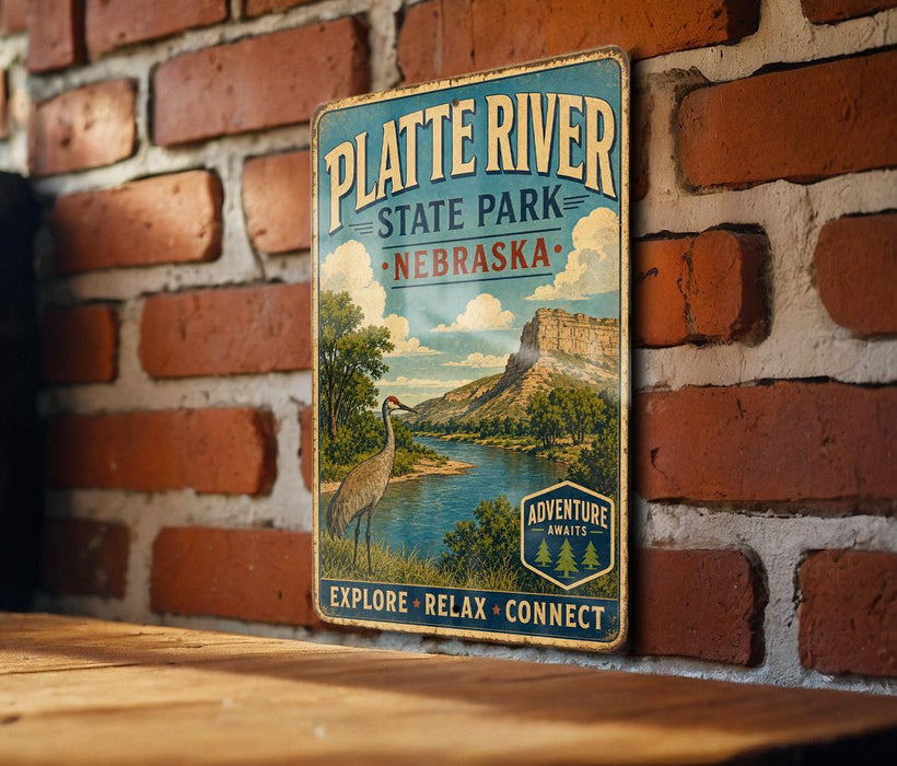 A vintage-style metal sign for Platte River State Park in Nebraska, featuring an illustration of a bird and a scenic landscape.