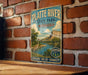 A vintage-style metal sign for Platte River State Park in Nebraska, featuring an illustration of a bird and a scenic landscape.