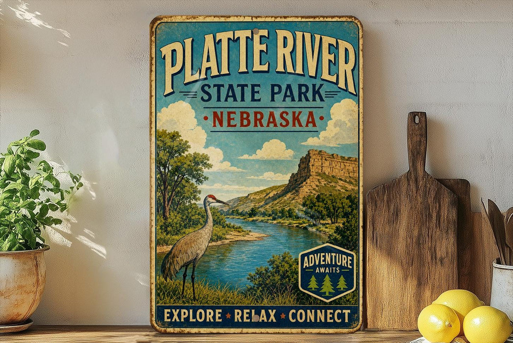 A vintage-style sign for Platete River State Park in Nebraska, featuring a scenic illustration of a river, mountains, and a bird.