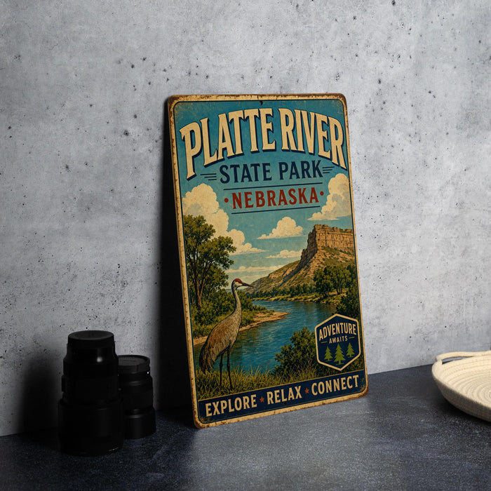 A vintage-style metal sign for Platte River State Park in Nebraska, featuring a scenic landscape with a bird and a river.