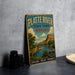 A vintage-style metal sign for Platte River State Park in Nebraska, featuring a scenic landscape with a bird and a river.