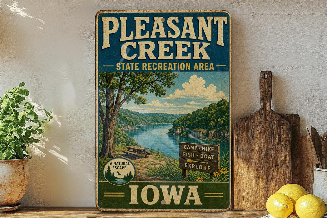 A vintage-style sign for Pleasant Creek State Recreation Area in Iowa, featuring a scenic image of a river and mountains.