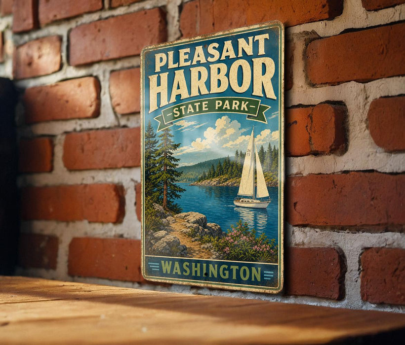 A vintage-style metal sign for "Pleasant Harbor State Park" in Washington, featuring a sailboat on a lake surrounded by trees and mountains.