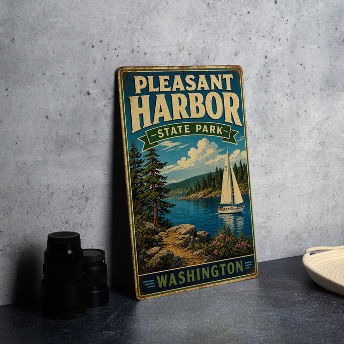 A vintage-style metal sign for "Pleasant Harbor State Park" in Washington, featuring a scenic landscape with a sailboat on the water.