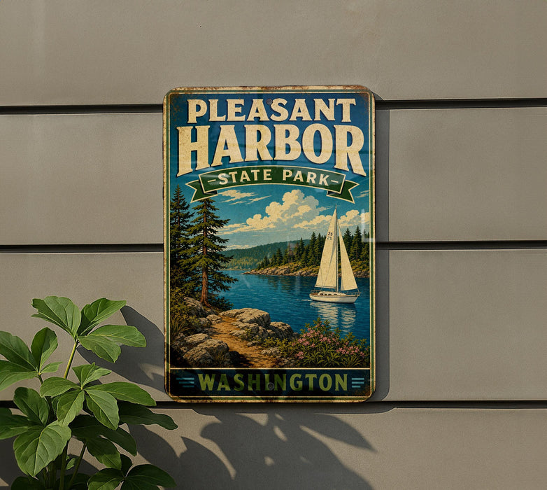 A vintage-style metal sign for Pleasant Harbor State Park in Washington, featuring a scenic landscape with a sailboat on the water.