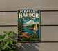 A vintage-style metal sign for Pleasant Harbor State Park in Washington, featuring a scenic landscape with a sailboat on the water.