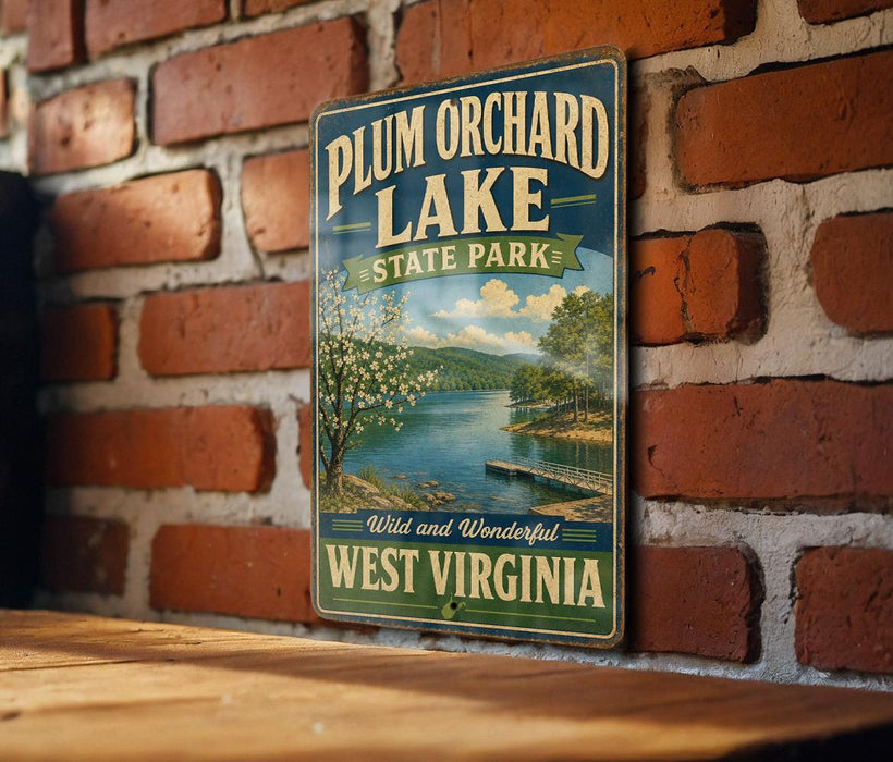 A vintage-style sign for Plum Orchard Lake State Park in West Virginia, featuring a scenic image of the lake surrounded by trees and mountains.