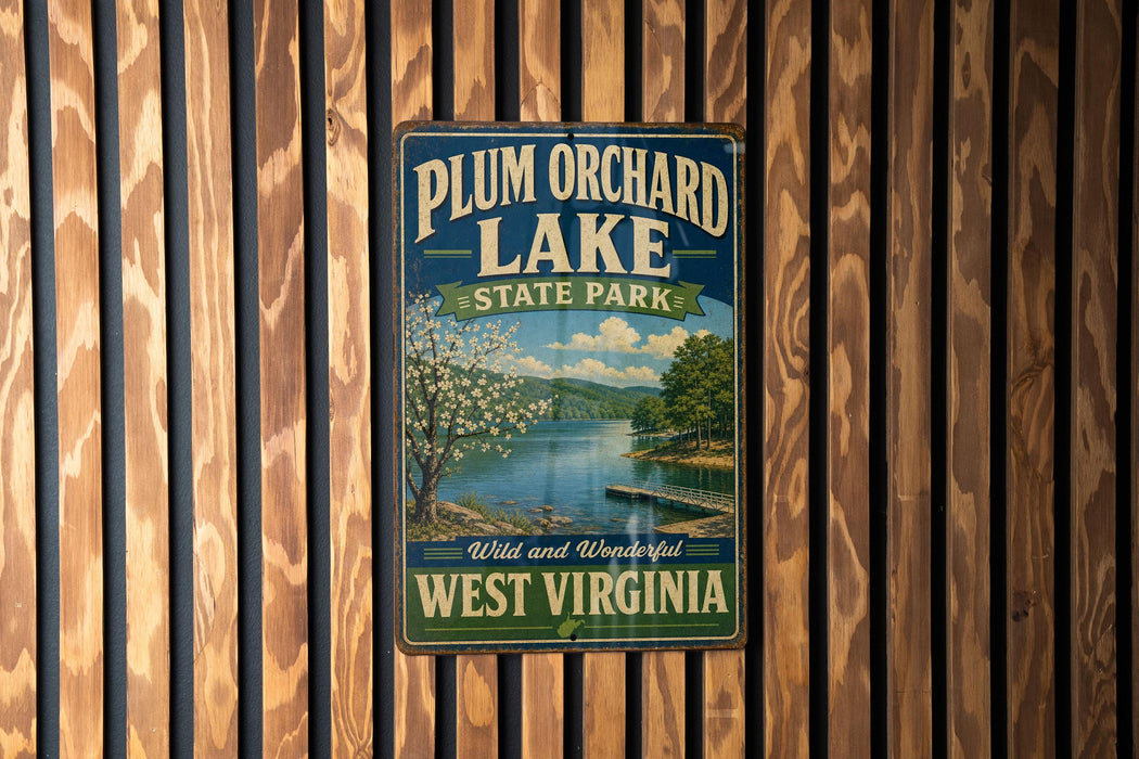 A vintage-style metal sign for Plum Orchard Lake State Park in West Virginia, featuring a scenic image of the lake and surrounding landscape.