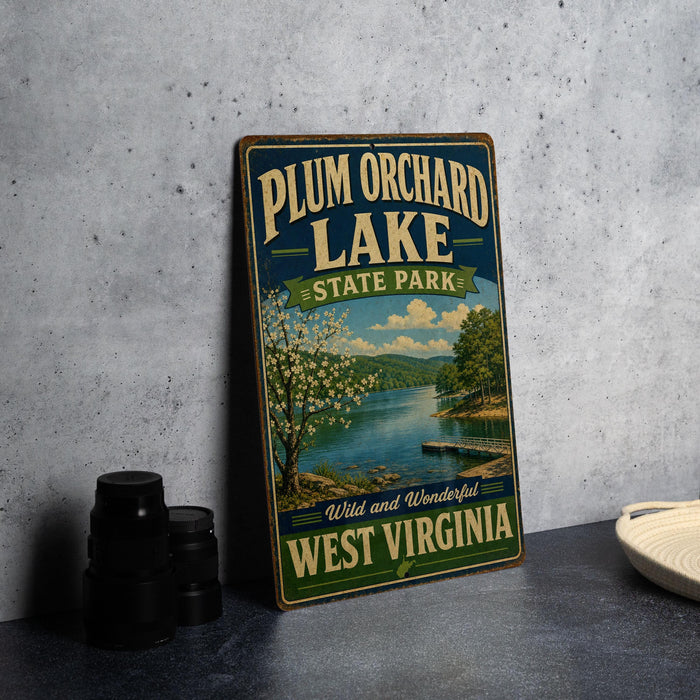 A vintage-style sign for Plum Orchard Lake State Park in West Virginia, featuring a scenic image of the lake and surrounding landscape.