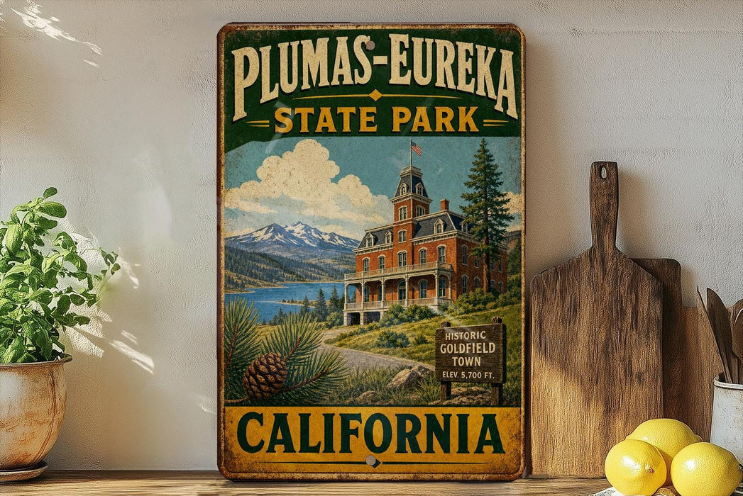 A vintage-style metal sign for Plumas-Eureka State Park in California, featuring a scenic illustration of a historic building and mountains in the background.