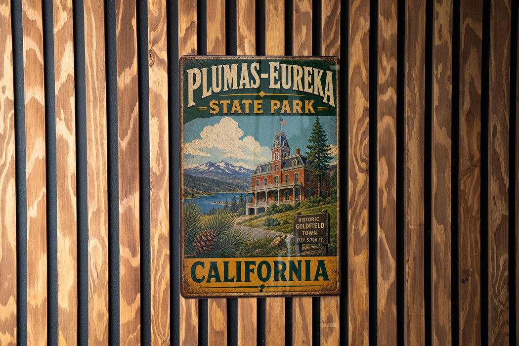 A vintage metal sign for Plumas-Eureka State Park in California, featuring a scenic illustration of a historic building and mountains.