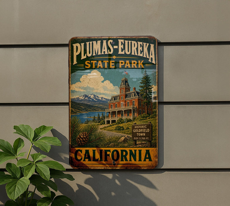 A vintage-style sign for Plumas-Eureka State Park in California, featuring a scenic illustration of a historic town and mountains.