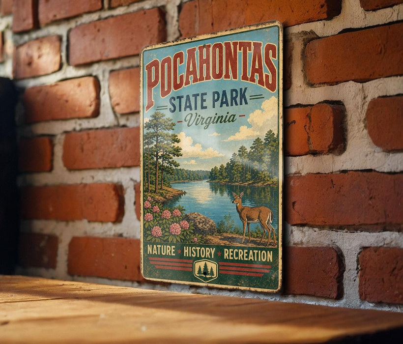 A vintage-style metal sign for POCAHONTAS State Park in Virginia, featuring a scenic landscape with a river, trees, and a deer.
