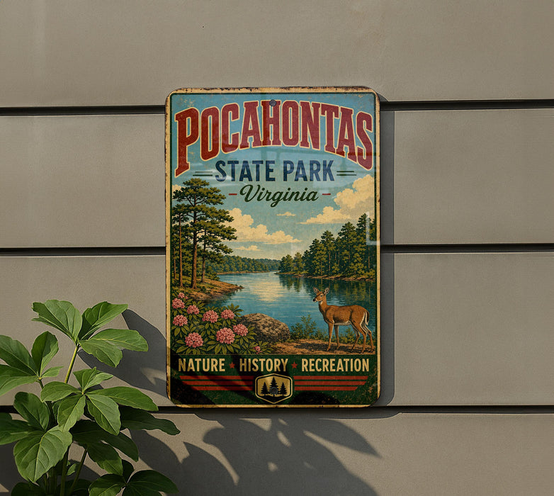A vintage-style metal sign for Pocahontas State Park in Virginia, featuring a scenic landscape with a deer and flowers.