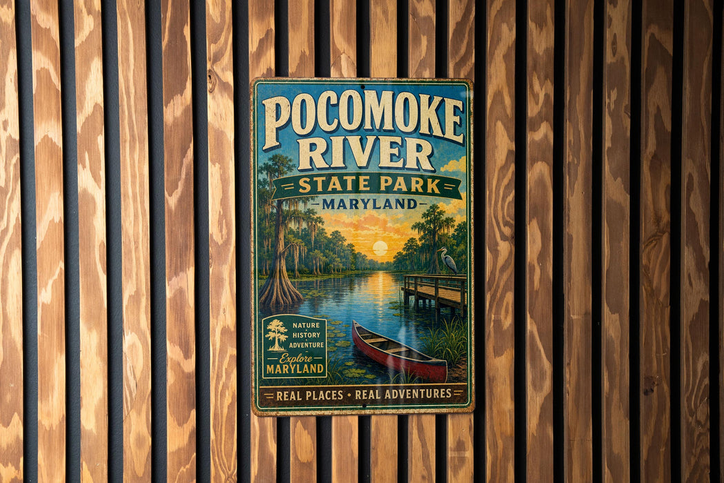 A vintage-style metal sign for Pocomoke River State Park in Maryland, featuring a scenic illustration of the river, palm trees, and a boat.