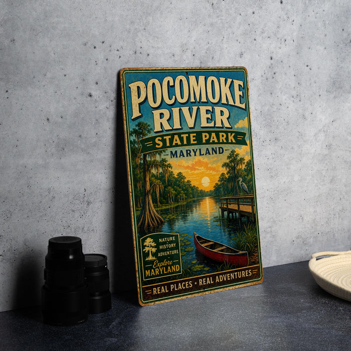 A vintage-style metal sign for Pocomoke River State Park in Maryland, featuring a scenic illustration of the river, trees, and a boat.